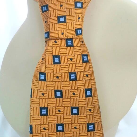 Robert Talbott Men's Silk Necktie Best of Class Gold Blue Squares Geometric USA - Picture 10 of 11